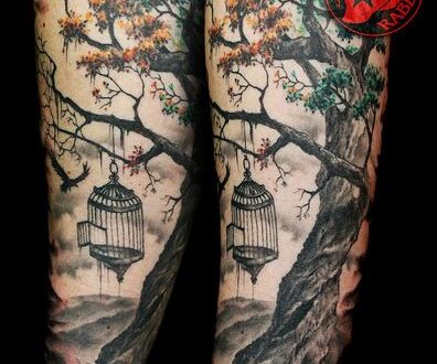 Healed Realistic Tree Autumn Fall Birdcage Tattoo by Jackie Rabbit