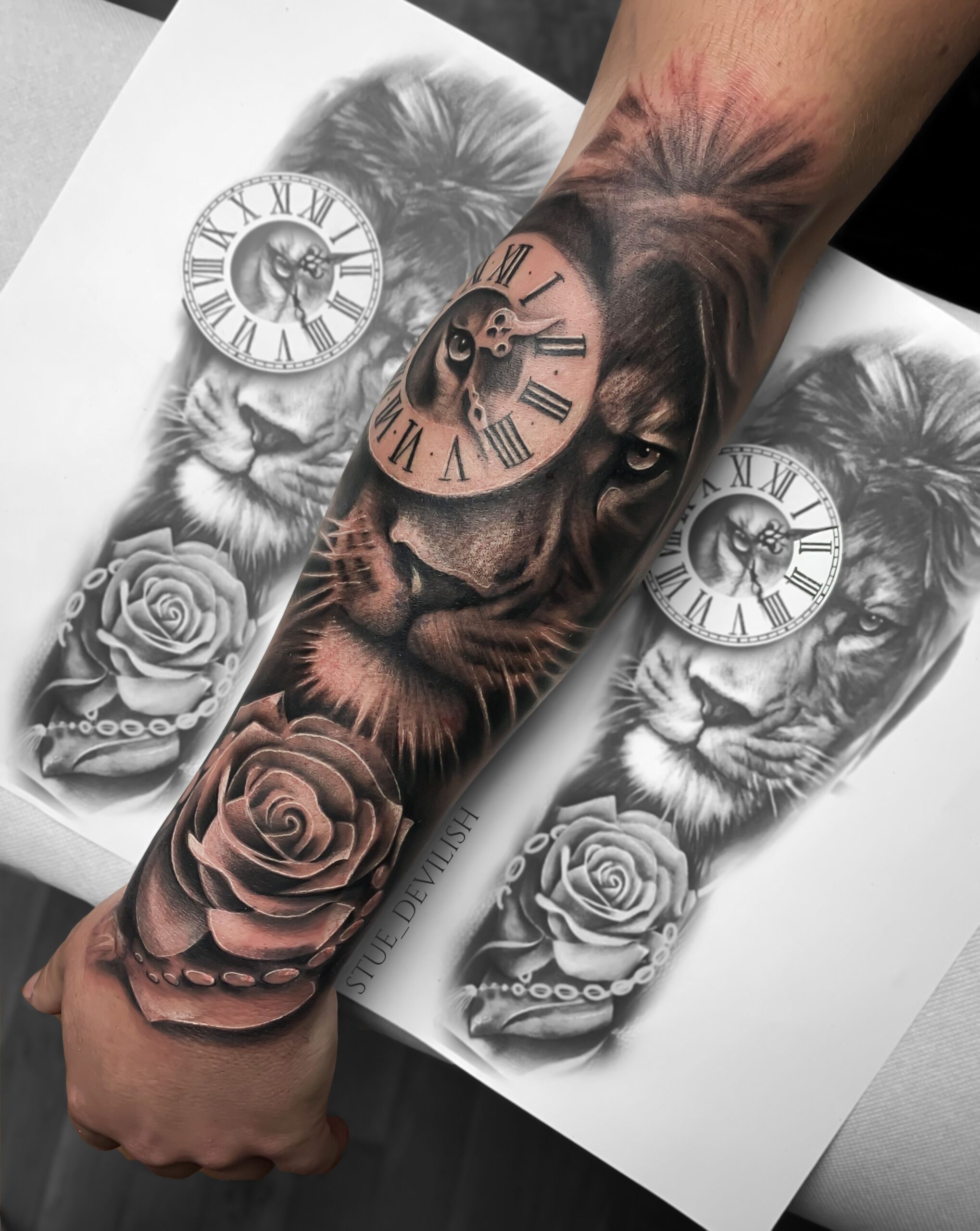 Lion tattoo / Lion Rose tattoo / realistic sleeve tattoo rose tattoo stue524,  #blacktattooli...