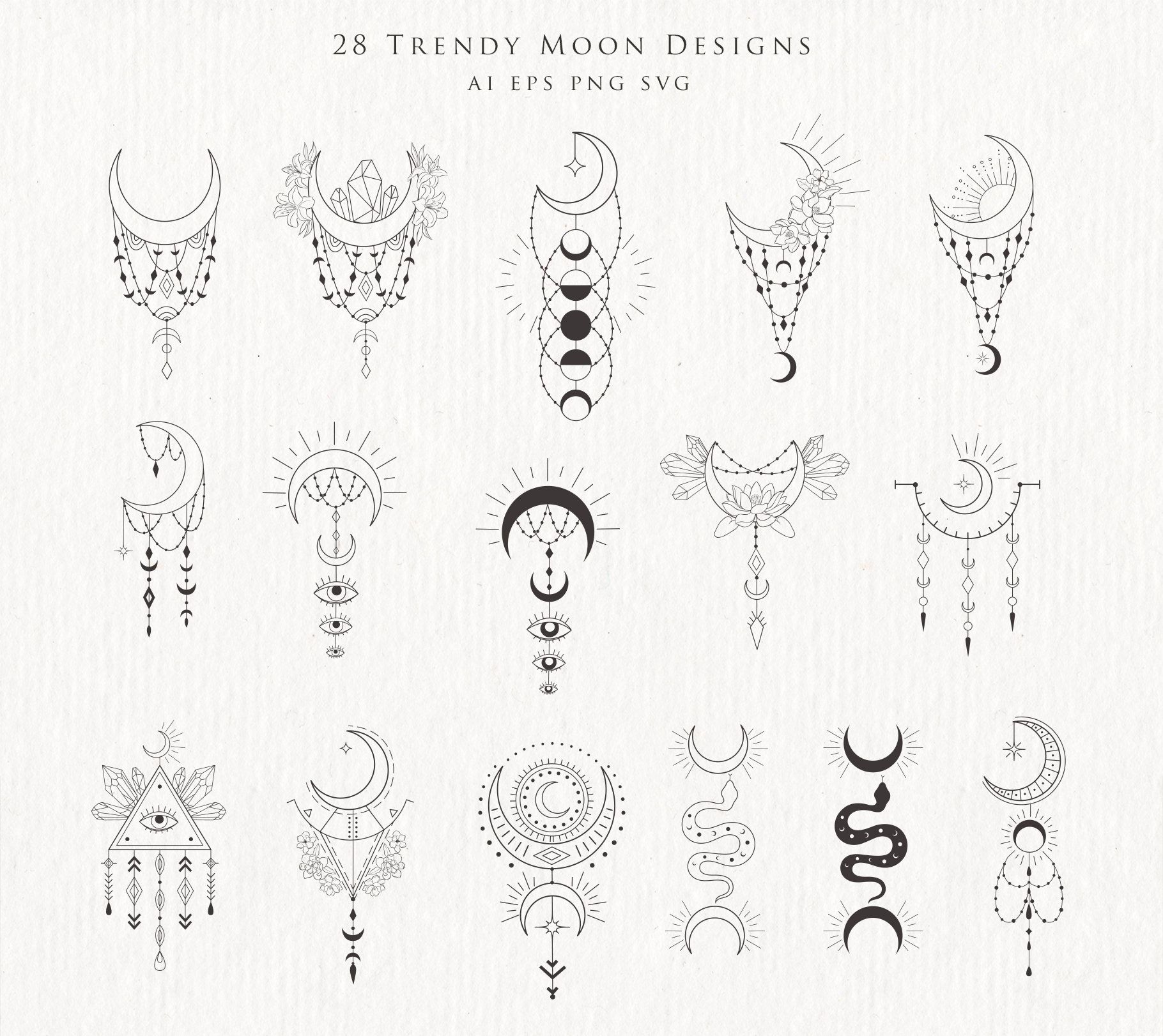 Moon Clipart Crystal Phases Botanical Floral Crescent Lunar Flowers Magic Print Spiritual Witch Tattoo Logo Astrology Yoga Cosmic PNG SVG