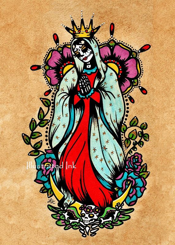 Tag der Toten Virgen de Guadalupe Old School Tattoo Kunst Jungfrau Maria Druck 5 x 7, 8 x 10 oder 11 x 14