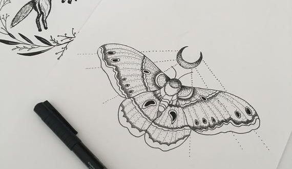 Witchy moth illustration | Goth | Dotwork | Tattoo | Cute wall art | Art print | Insect | Moon print